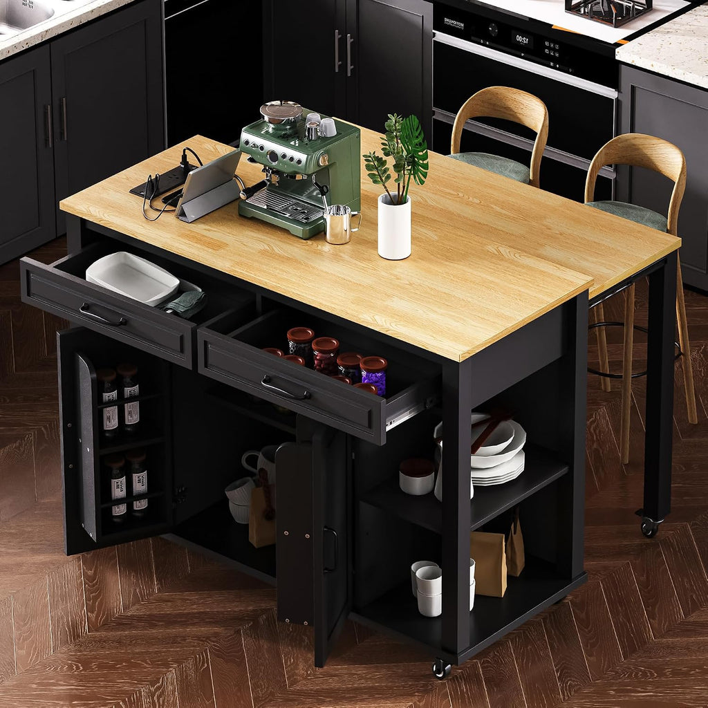 47' Kitchen Island with Extendable Dining Table, Rubber Wood Veneer Kitchen Table with Internal Storage Rack, Power Outlet, 2 Drawers, 2 Cabinet for Kitchen, Dining Room Black