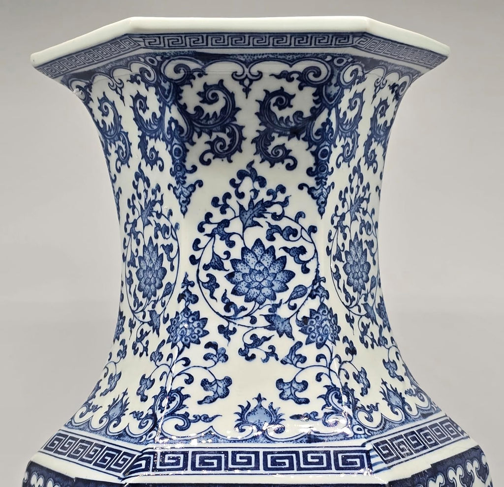 24' Classic Blue and White Hexagonal Lotus Porcelain Vase, Ceramic Vase Jingdezhen, China Qing Style （D8）