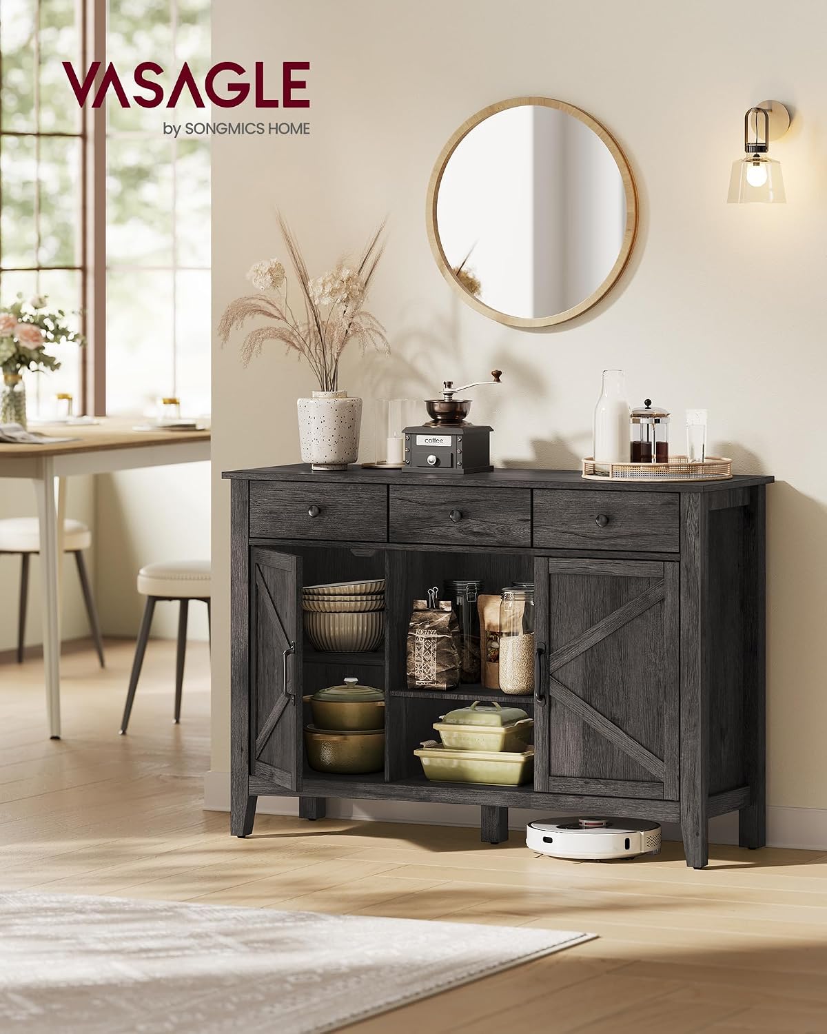 VASAGLE LIRY Collection - Buffet Cabinet, Coffee Bar Cabinet with 3 Drawers, Adjustable Shelves, Sideboard Storage with Cable Holes, Drawer Dividers, Antique Charcoal UBBK371B02V1