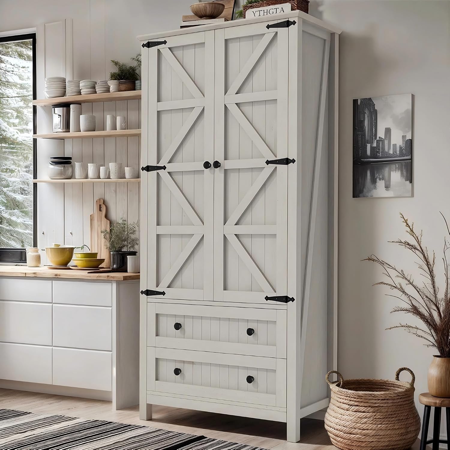 DWVO 64.5' H Kitchen Pantry Cabinet, Storage Cabinet with Barn Doors, 2 Drawers and Adjustable Shelves, Farmhouse Cupboard for Dining Room, Living Room, Bathroom, Off White