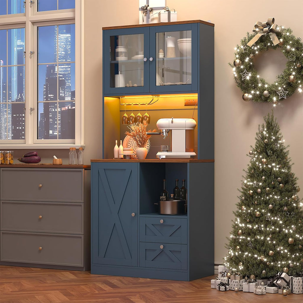 71' Tall Coffee Bar Cabinet with Storage Hutch, Farmhouse Kitchen Pantry Cabinet with LED Lights Microwave Stand and Glass Holder for Home Dining Room Kitchen (Blue)
