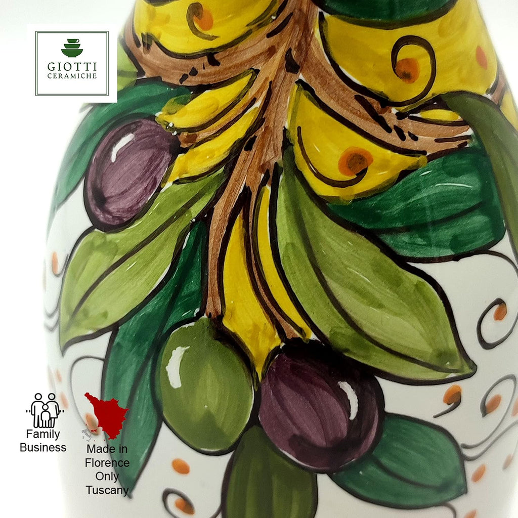 Italian Ceramic Wine Jug Olives - 16.9 oz Hand Painted Utensil Holder Or Carafe Design for Kitchen - Made in ITALY Tuscany - Italian Pottery Vase Jar for Wine - Home Decor Ceramics Dispenser