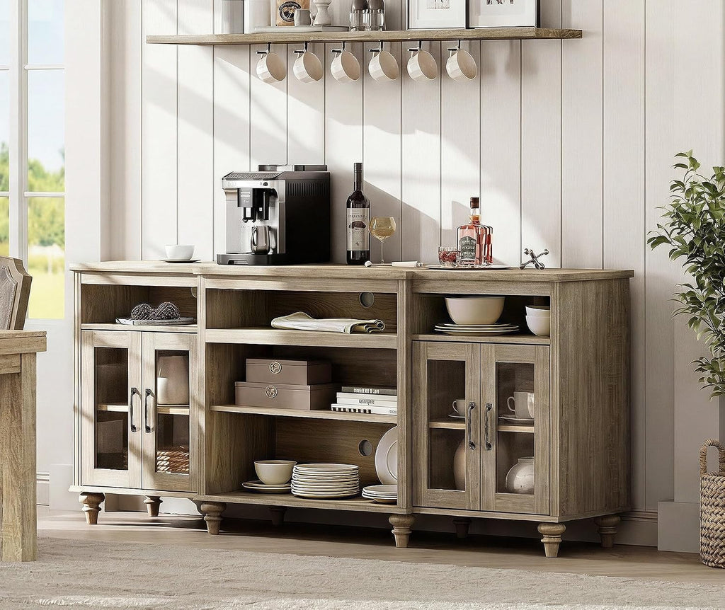 WAMAPT Buffet Cabinet with 4 Glass Doors, Large Coffee Bar Tables Wood Kitchen Storage Cabinets with 9 Storages, Modern Farmhouse Sideboard Credenza, Wash Gray, 70 inch