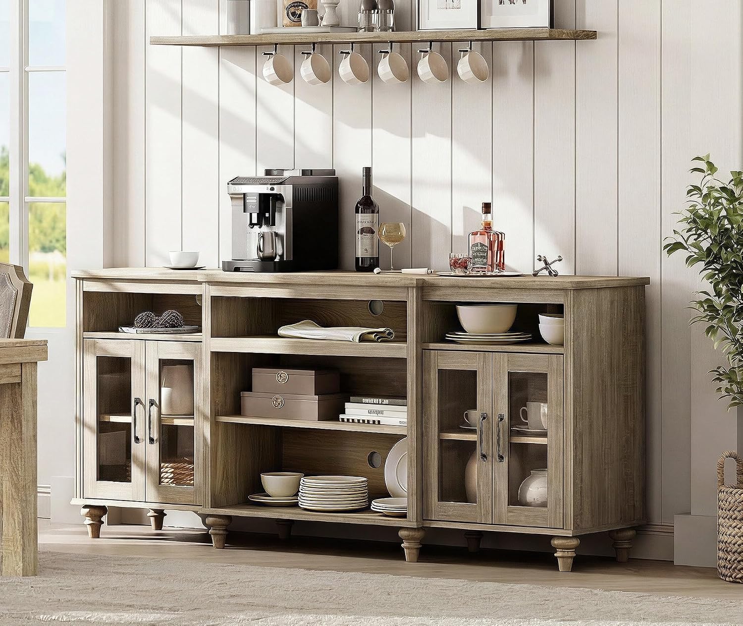 WAMAPT Buffet Cabinet with 4 Glass Doors, Large Coffee Bar Tables Wood Kitchen Storage Cabinets with 9 Storages, Modern Farmhouse Sideboard Credenza, Wash Gray, 70 inch