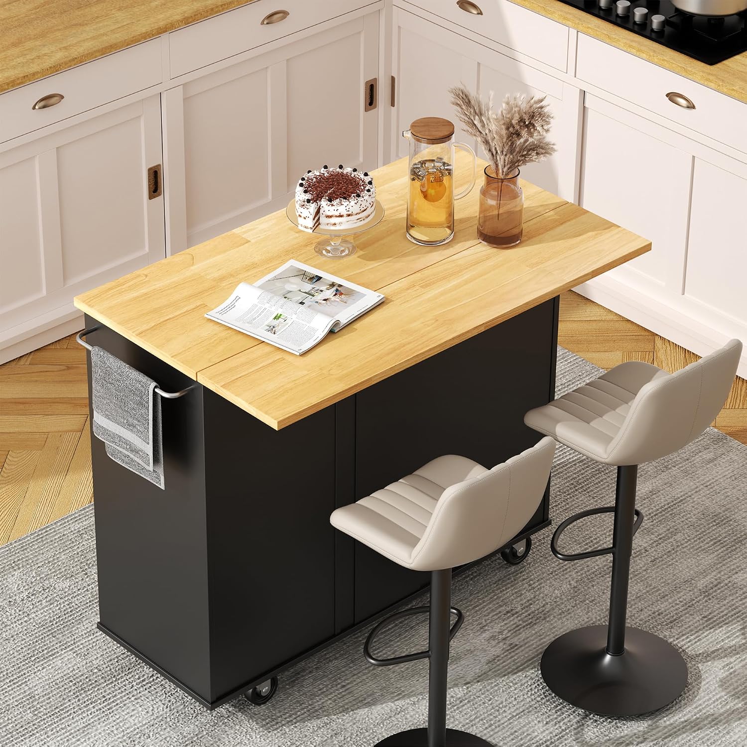 JY QAQA 40' Kitchen Island Cart Furniture cart on Wheels Rolling Portable Dining Room Serving Utility Carts Mobile Movable with Drawers Cabinet,Black