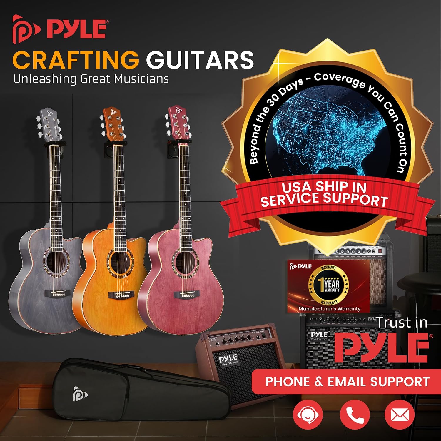 Pyle Acoustic Guitar Kit, 3/4 Junior Size All Wood Steel String Instrument for Beginner Kids, Adults, 36' Matte Gray