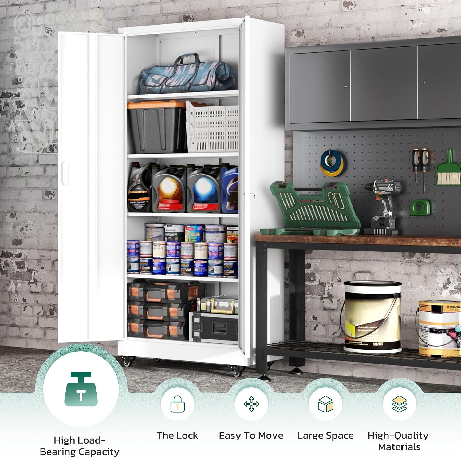 Greenvelly 73' Rolling Storage Cabinet,White Metal Garage Cabinet with Locking Doors and 4 Adjustable Shelves for Home,Kitchen,Office,Warehouse(32' W x 16' D,Wheels)