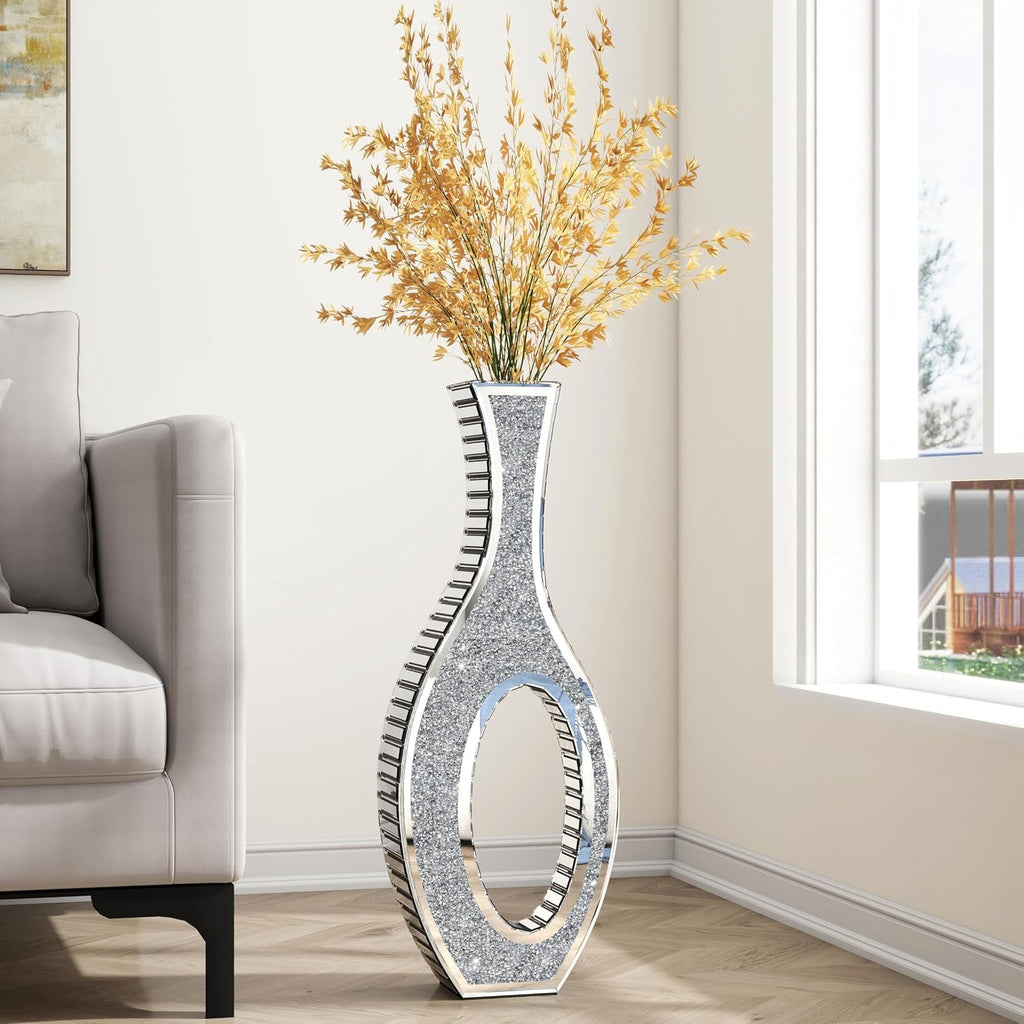 SHYFOY Floor Vase Crushed Diamond Mirrored Vase 30' Tall, Large Silver Tall Vases for Floor Crystal Hollow Decorative Glass Vases for Luxury Home Decor Living Room Office Bedroom Kitchen