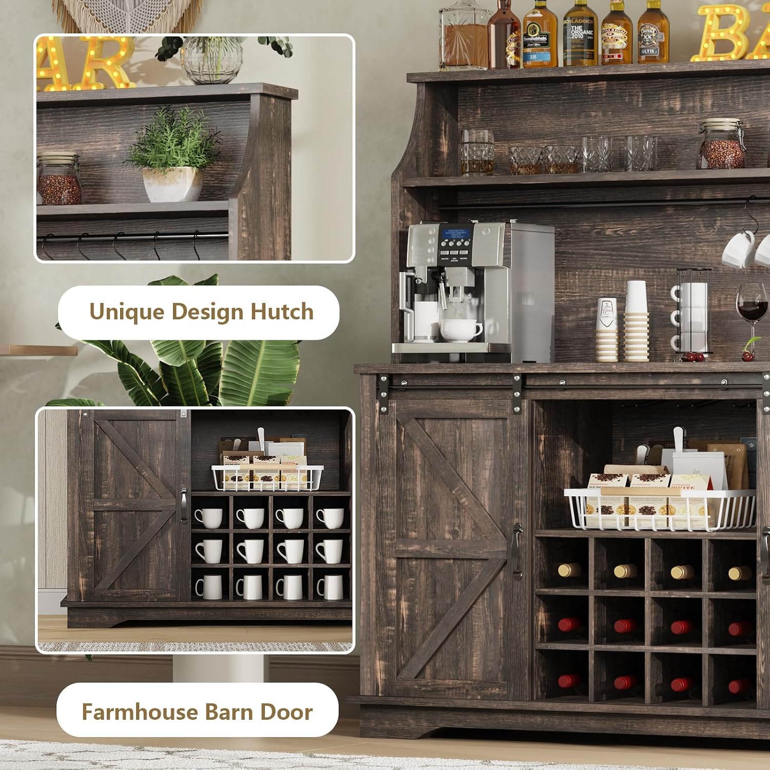 55 Inch Farmhouse Coffee Bar Cabinet with 3-Tier Enclosed Storage Cabinet, Kitchen Hutch with 12 Wine Racks & 3 Glass Holders, Coffee Bar with 6 Hooks, Wood Furniture for Dining Living Room, Oak