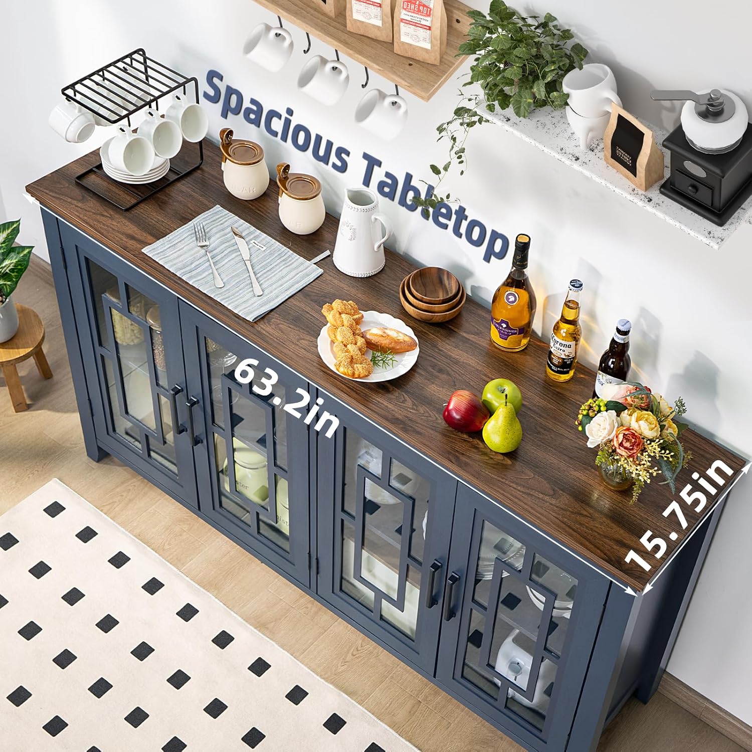 Joaxswe Large Sideboard Buffet Cabinet with Storage, 63' Farmhouse Navy Blue Kitchen Coffee Wine Bar Cabinet with 4 Glass Doors, Mid Century Modern Wood Side Board Table for Dining Room, Living Room