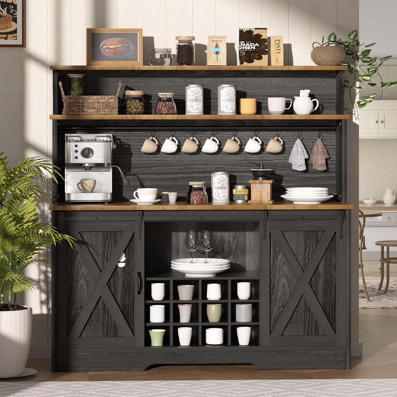 BestHaped 55'' Farmhouse Coffee Bar Cabinet with 3 Tier Storage Hutch, Coffee Bar Station with Sliding Barn Door, Hutch Storage Cabinet with 12 Wine Racks & 9 Hooks for Kitchen Dining Living Room