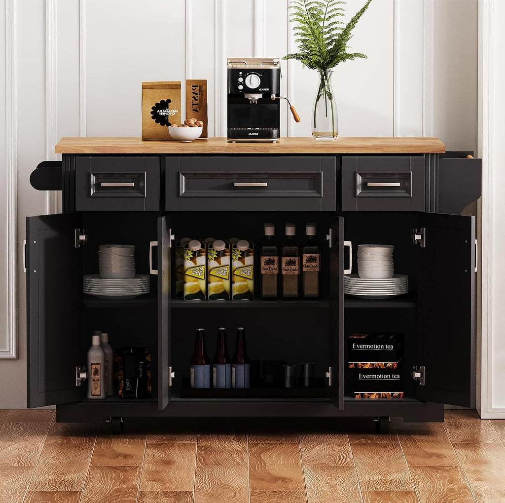 54' Rolling Storage Kitchen Island Cart on 4 Wheels with Drop Leaf, Embossed Texture, 4 Doors and 3 Drawers for Kitchen, Dining Room, Black, Rubber Wood Top