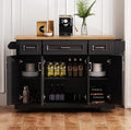 54' Rolling Storage Kitchen Island Cart on 4 Wheels with Drop Leaf, Embossed Texture, 4 Doors and 3 Drawers for Kitchen, Dining Room, Black, Rubber Wood Top