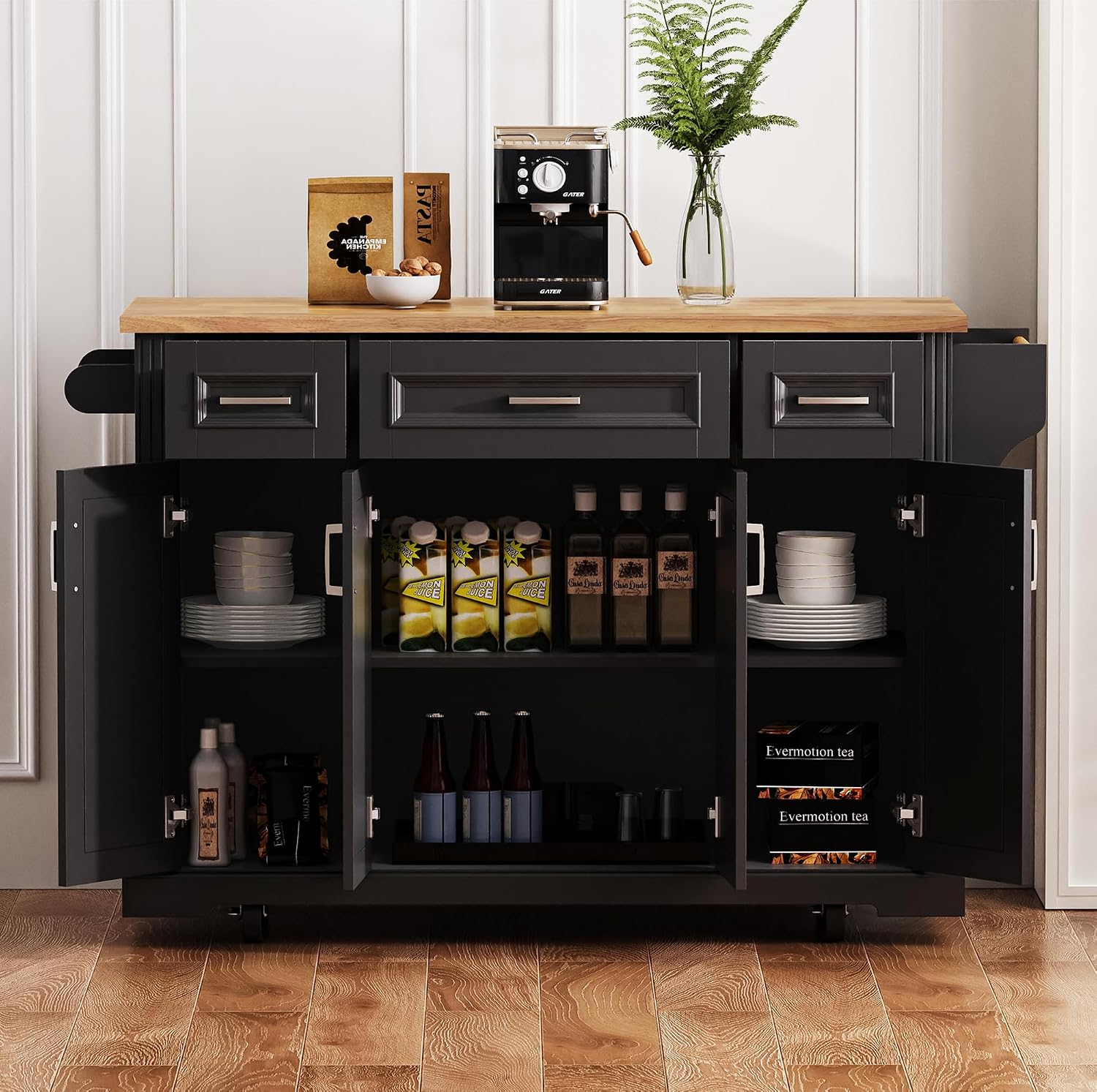 54' Rolling Storage Kitchen Island Cart on 4 Wheels with Drop Leaf, Embossed Texture, 4 Doors and 3 Drawers for Kitchen, Dining Room, Black, Rubber Wood Top