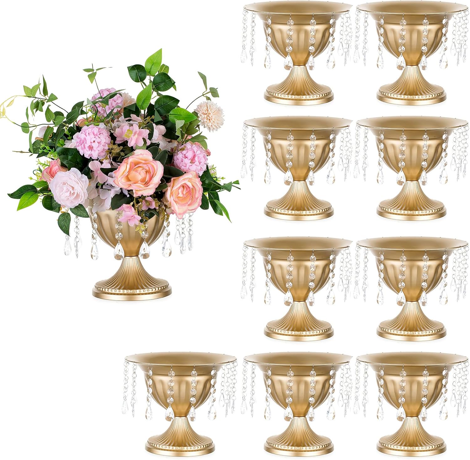 Sziqiqi Gold Urn Vase for Wedding: 8.6in Large Compote Vases Centrepieces with Crystal Beads for Table Decorations - Set of 10 Metal Urn Vases for Flower Arrangement Bowl Vase for Party Anniversary