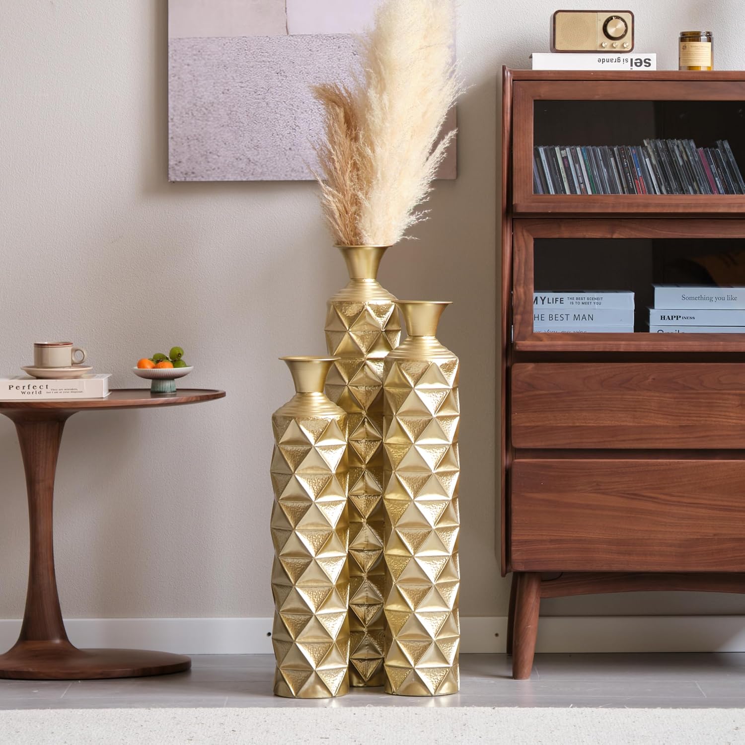 Floor Vases Decorative Tall - 33.5/29.5/25.2in Metal Extra Large Decorative Vase Set of 3, Semi-Handmade Gold-Plated Tall Floor Vase for Home Decor, Living Room Entryway Decor Dining Bedroom