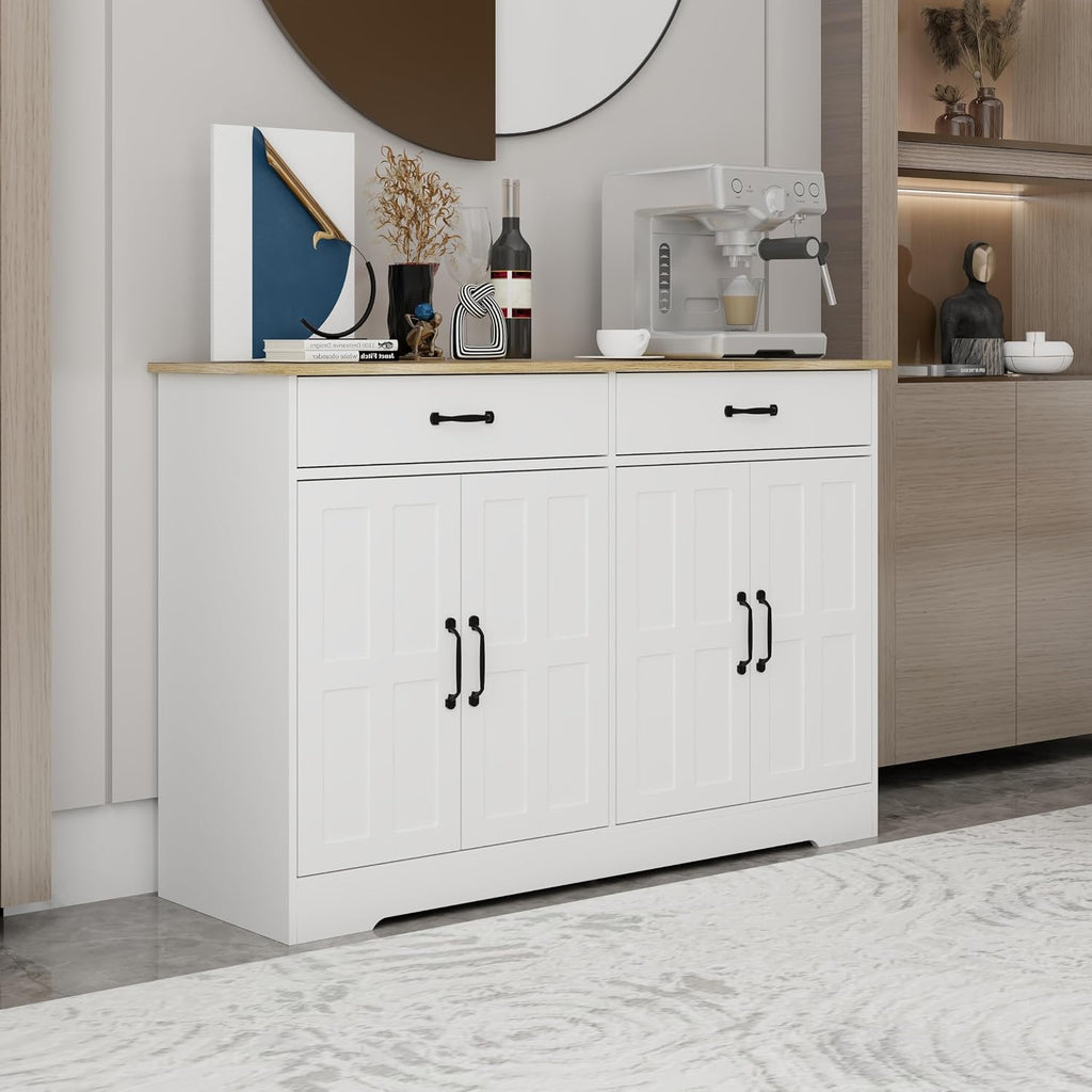 48' Farmhouse Freestanding Storage Cabinet, Kitchen Storage Bakers Rack with Drawers, Utility Food Cupboard for Home, White