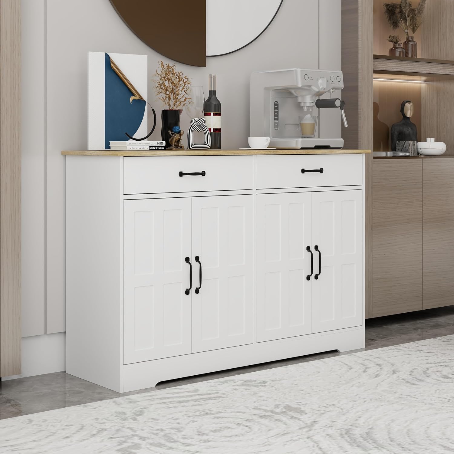 48' Farmhouse Freestanding Storage Cabinet, Kitchen Storage Bakers Rack with Drawers, Utility Food Cupboard for Home, White