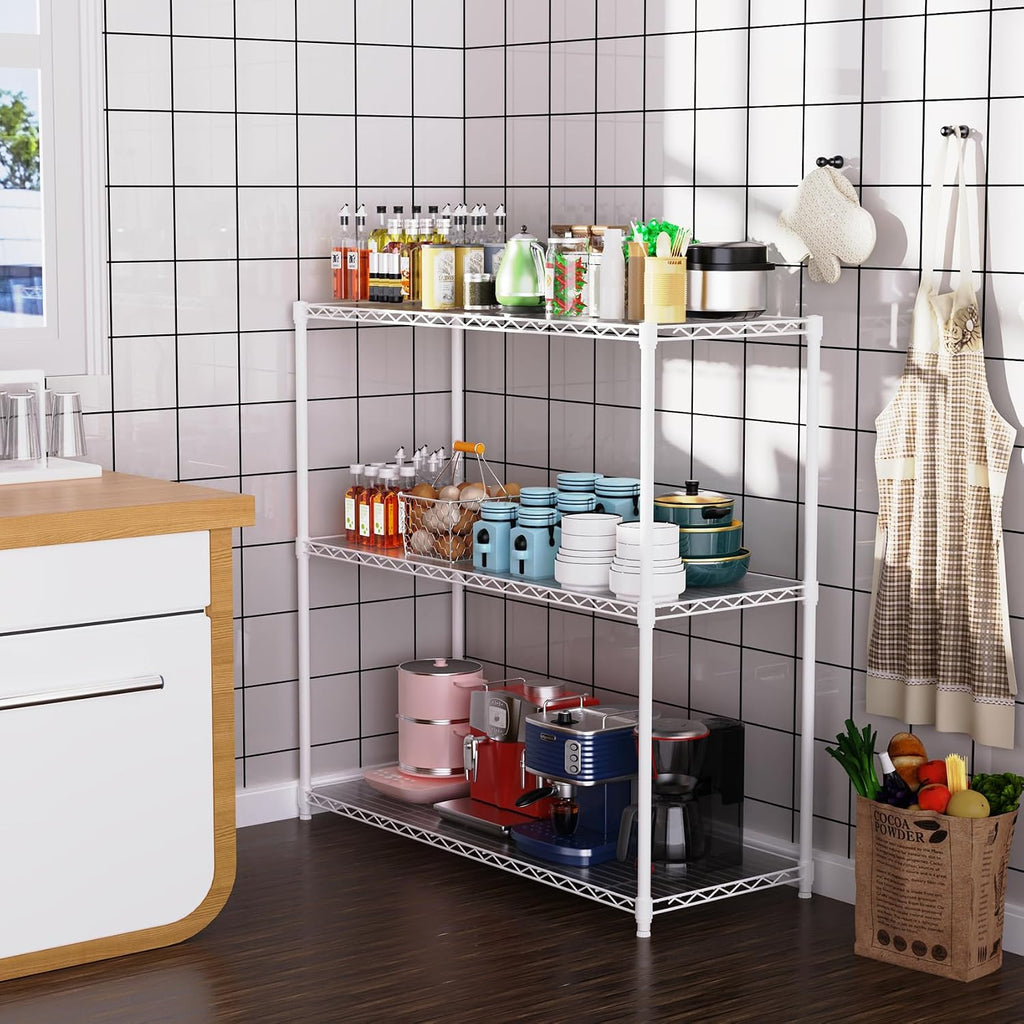 pouseayar 3 Tier NSF Metal Shelf Wire Shelving Unit, 1050lbs Capacity Heavy Duty Adjustable Storage Rack with Shelf Liners - 48' H x 48' L x 18' D for Closet Kitchen Garage Basement and More - White