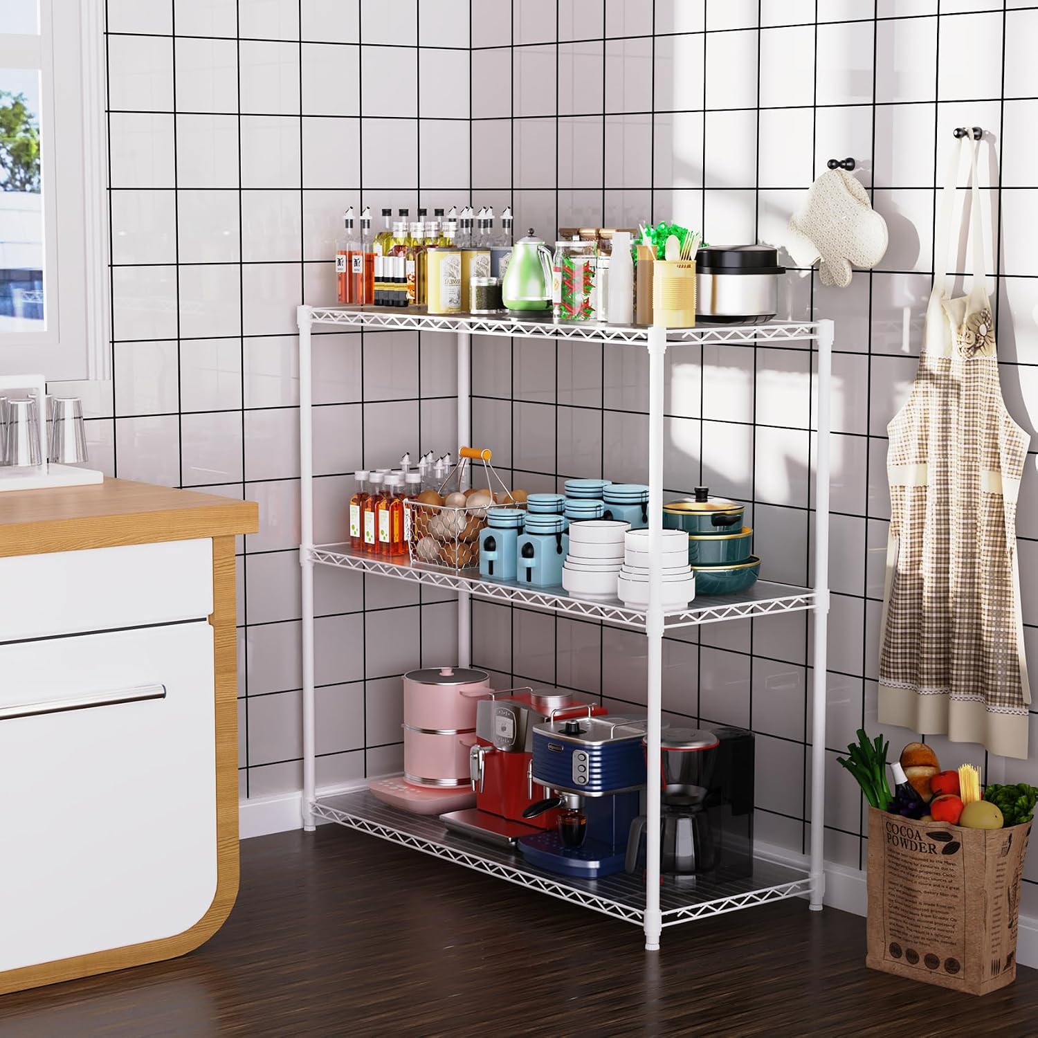 pouseayar 3 Tier NSF Metal Shelf Wire Shelving Unit, 1050lbs Capacity Heavy Duty Adjustable Storage Rack with Shelf Liners - 48' H x 48' L x 18' D for Closet Kitchen Garage Basement and More - White