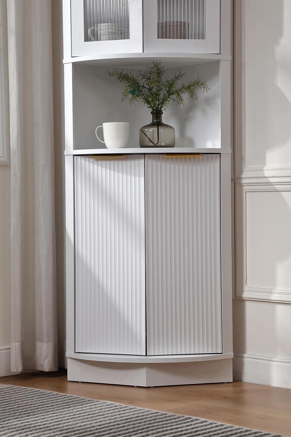FOREST GRAVITY 64.57'' Tall Corner Cabinet with Shelves for Great Storage and Showcase,Storage Cabinet Double as Corner Liquor Cabinet with Pentagon Design for Livinng Room,Kitchen and Bathroom,White