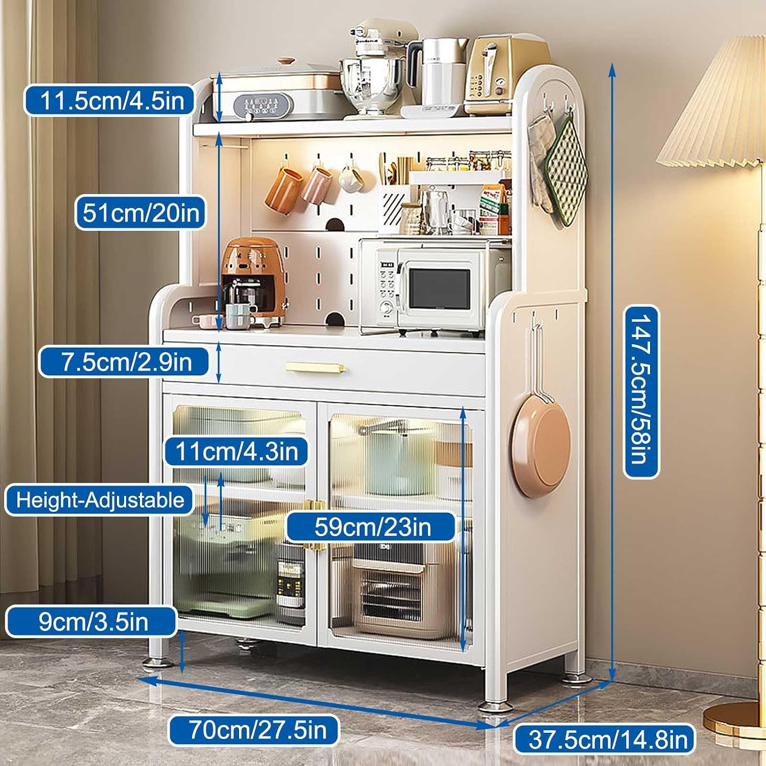 Adjustable 5 Tier Kitchen Bakers Rack with Drawer and Storage Cabinets Free Standing Microwave Stand Shelf Organizer in White 58X31.5In,Black,147.5×70cm/58×27.5in