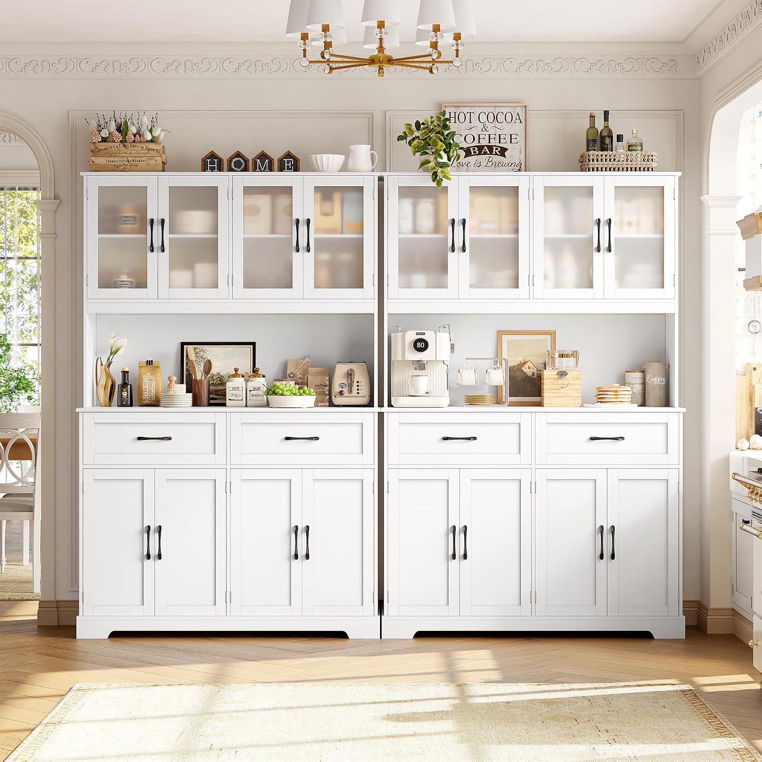 BOTLOG Pantry Storage Cabinet with Microwave Stand, 71' Tall Kitchen Hutch, Large White Pantry Cabinet with Glass Doors for Dining Room
