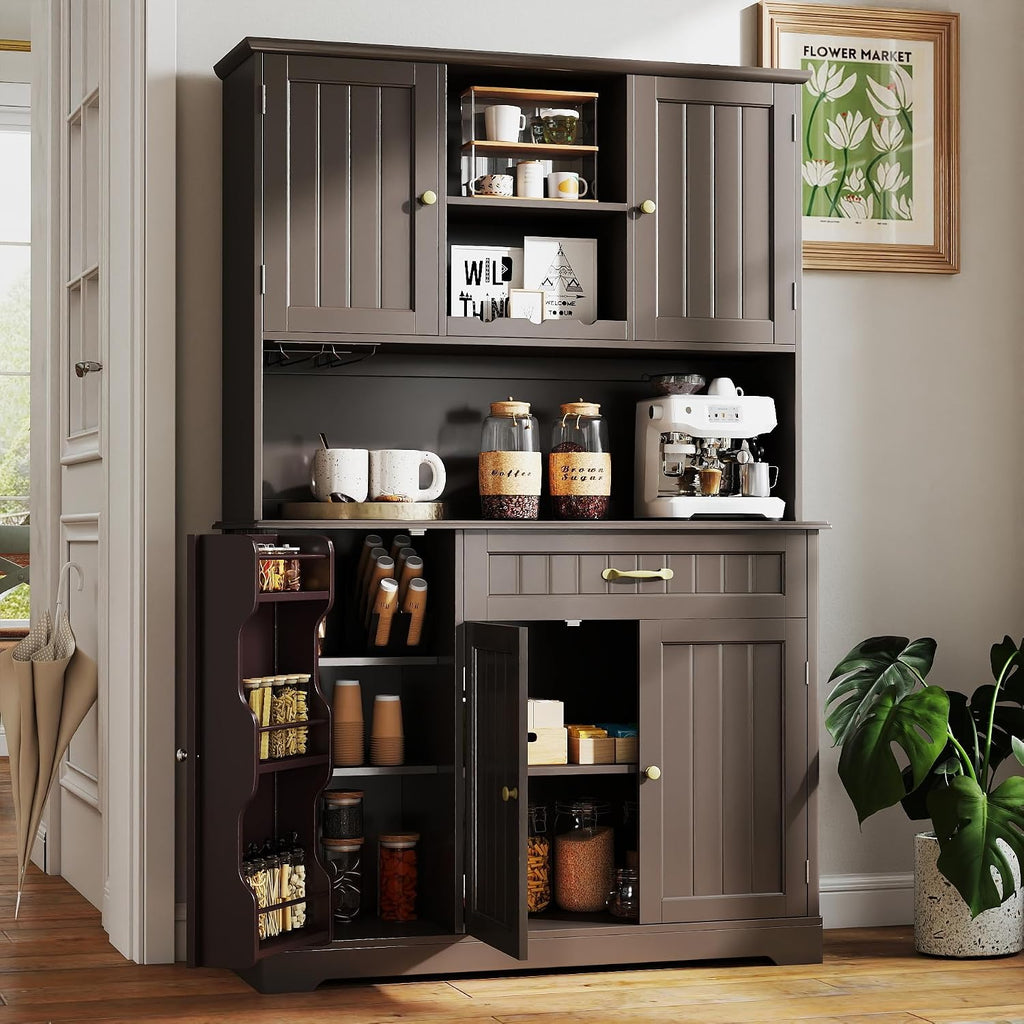 Gizoon Kitchen Hutch Cabinet Kitchen Hutch Storage Cabinet Tall Pantry Coffee Bar with Storage for Dining Room and Craft Room, Painted Dark Brown