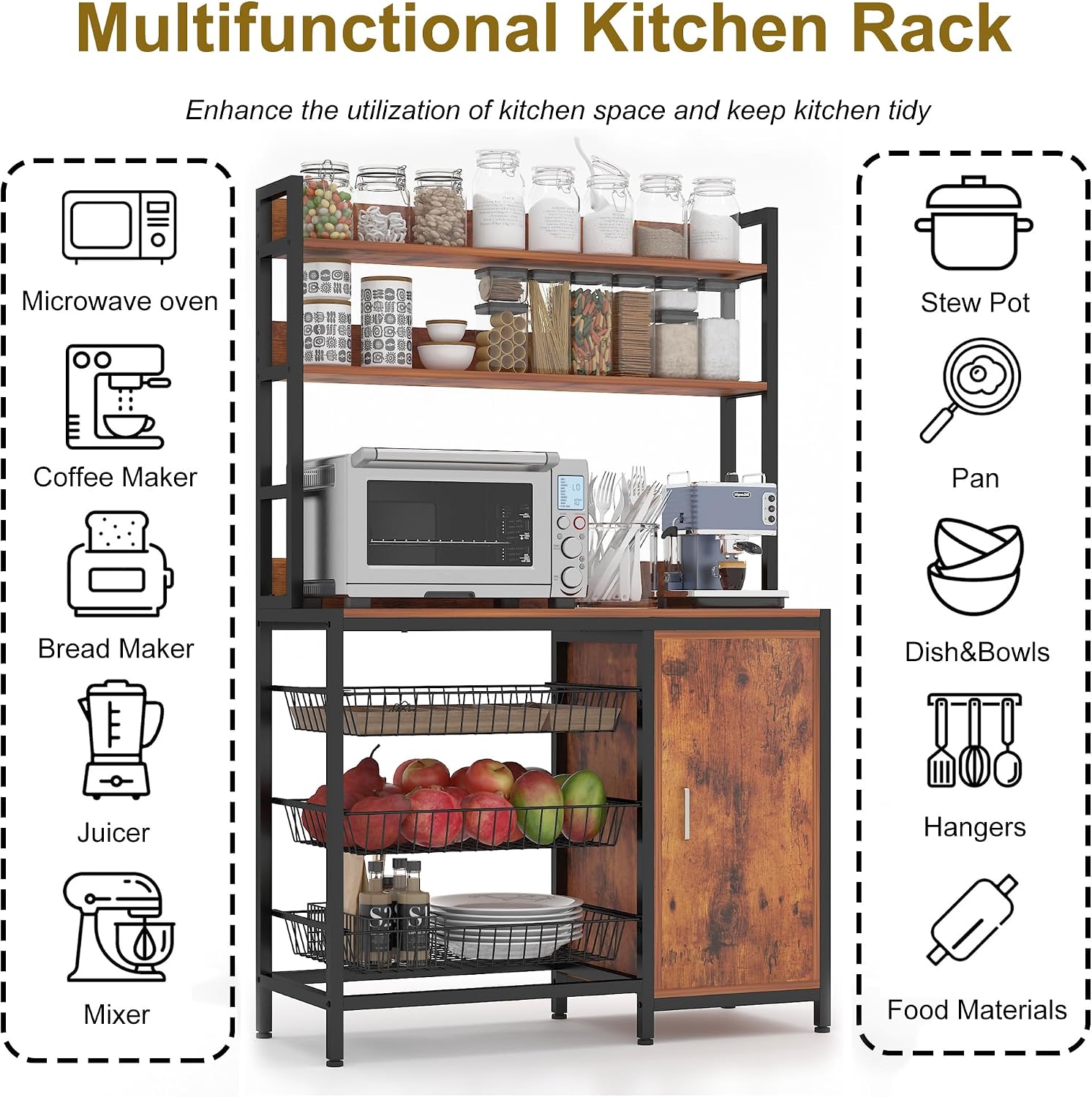 Kitchen Bakers Rack with Baskets and Door Cabinet,5-Tier Free Standing Storage Shelf Rack,Industrial Microwave Oven Stand for Kitchen, Dining Room,Living Room