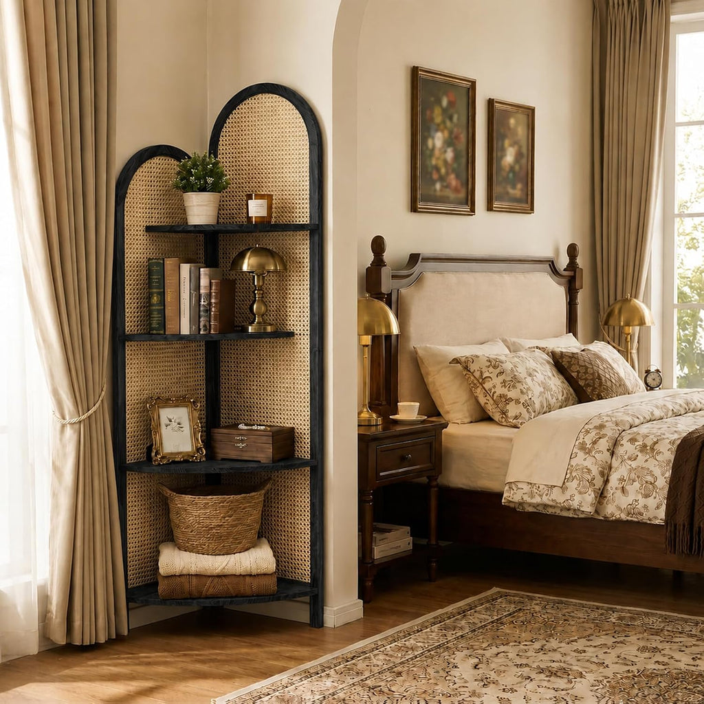 Corner Shelf Stand 4-Tier 70' Corner Shelves Display Shelf Pine Wood Frame with Rattan Wall Corner Bookshelf Multi Unit Organizer Rack with Legs for Living Room Decor,Small Space (Black)
