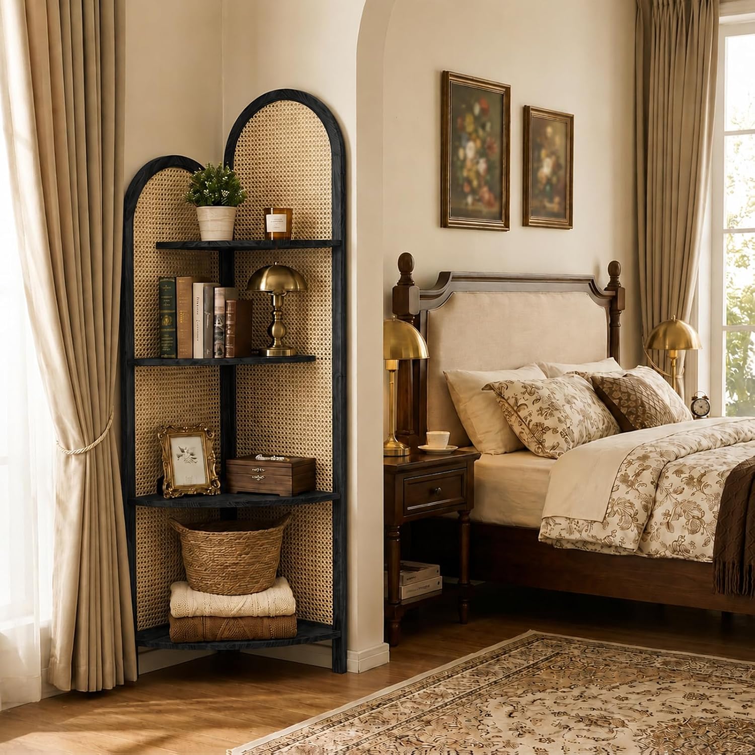 Corner Shelf Stand 4-Tier 70' Corner Shelves Display Shelf Pine Wood Frame with Rattan Wall Corner Bookshelf Multi Unit Organizer Rack with Legs for Living Room Decor,Small Space (Black)
