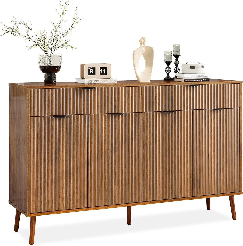 LYNCOHOME Fluted Sideboard Buffet Cabinet with Storage,2 Drawers and 4 Doors,Wood Coffee Bar Cabinet with Solid Wood Feet for Kitchen,Hallway