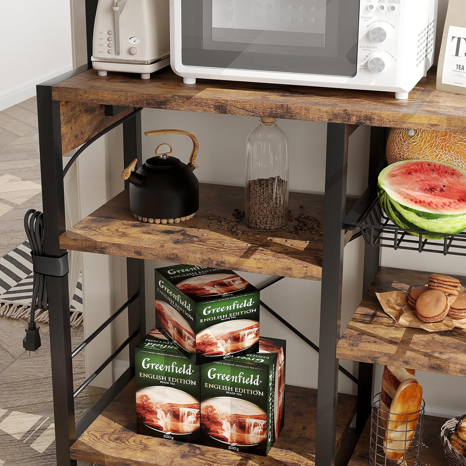 IDEALHOUSE Bakers Rack with Power Outlet, 6-Tier Coffee Bar Station with Wire Drawer, Industrial Microwave Stand, Kitchen Standing Bakers Racks with Large Storage, Hutch, Retro Brown