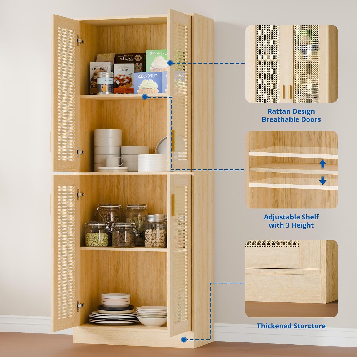 Cozy Castle Kitchen Pantry Cabinet, 71' Tall Rattan Doors Storage Cabinet and Adjustable Shelves, Modern Farmhouse Wood Cupboard Utility Hutch for Kitchen, Dining Room, Living Room (Oak)