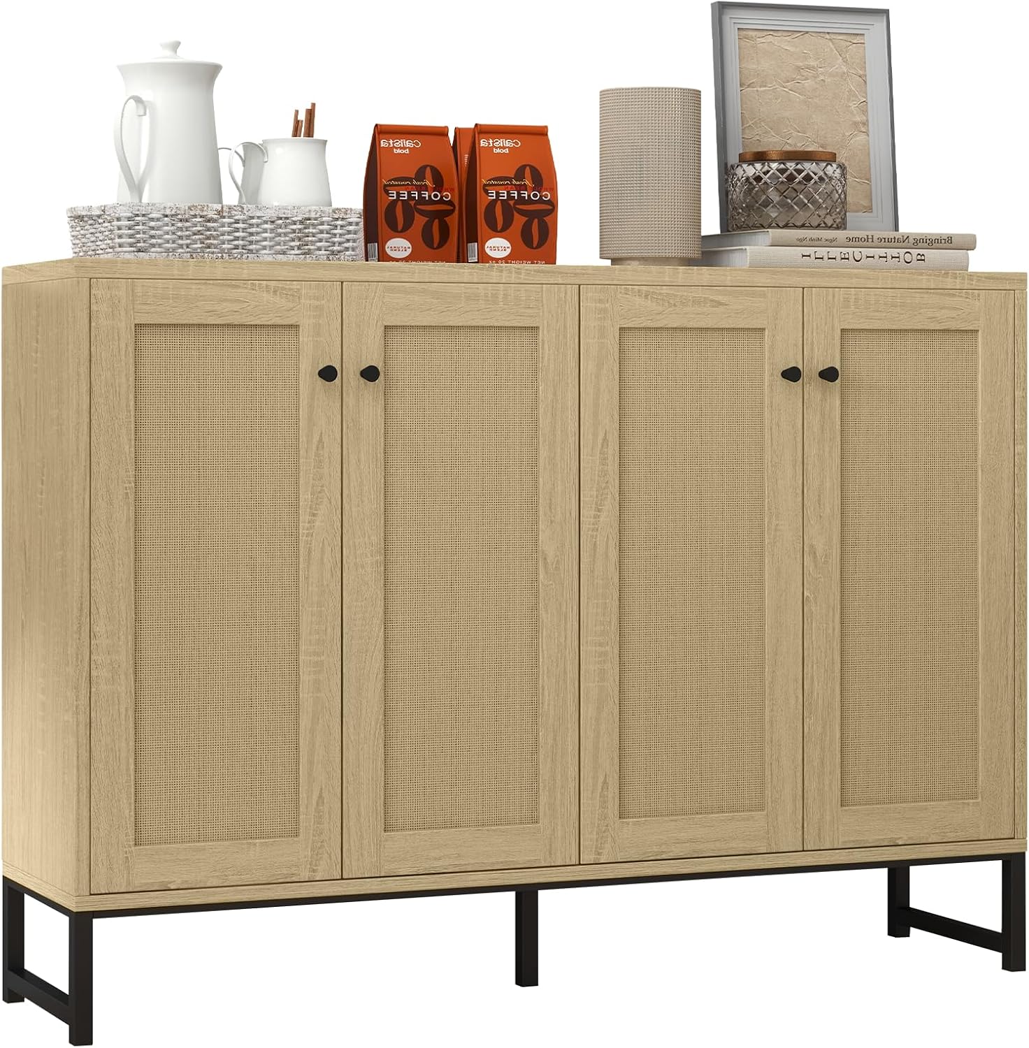 Panana Sideboard Accent Storage Cabinet with Rattan Decorated 4 Doors Dining Room Freestanding Kitchen Buffet Table Cupboard (Natural)