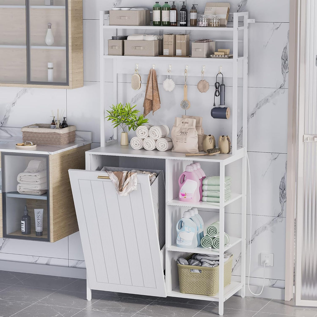 Kitchen Bakers Rack with Storage Shelf - 6-Tier Microwave Stand Oven Cabinet W/Tilting Trash Can Bin and Power Outlet, Farmhouse Thickened Coffee Bar Table Station W/6 Hooks&Adjustable feet