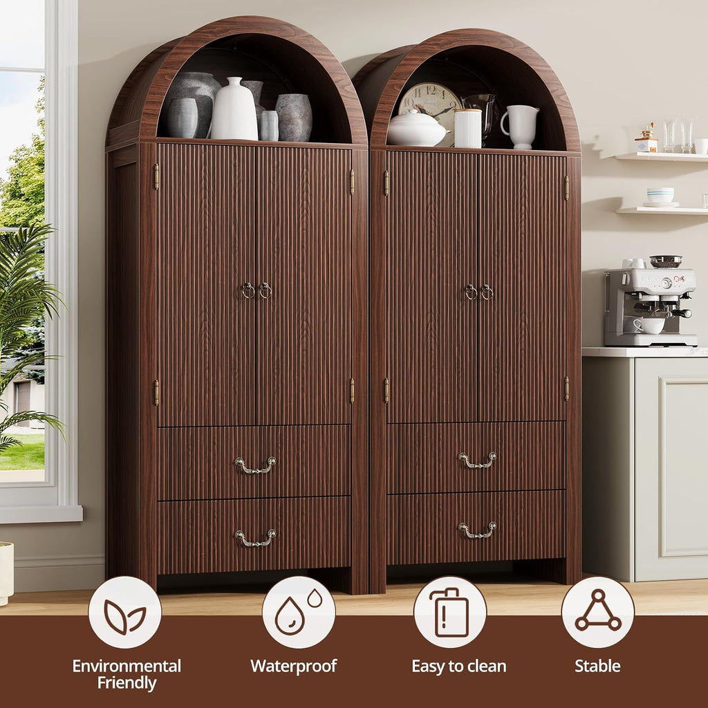 FURSUN 71' Tall Fluted Arched Bookshelf with Doors, Wood Pantry Storage Cabinet with 2 Large Drawers, Modern Versatile Bookcase for Living Room, Kitchen, Dining, Dark Walnut