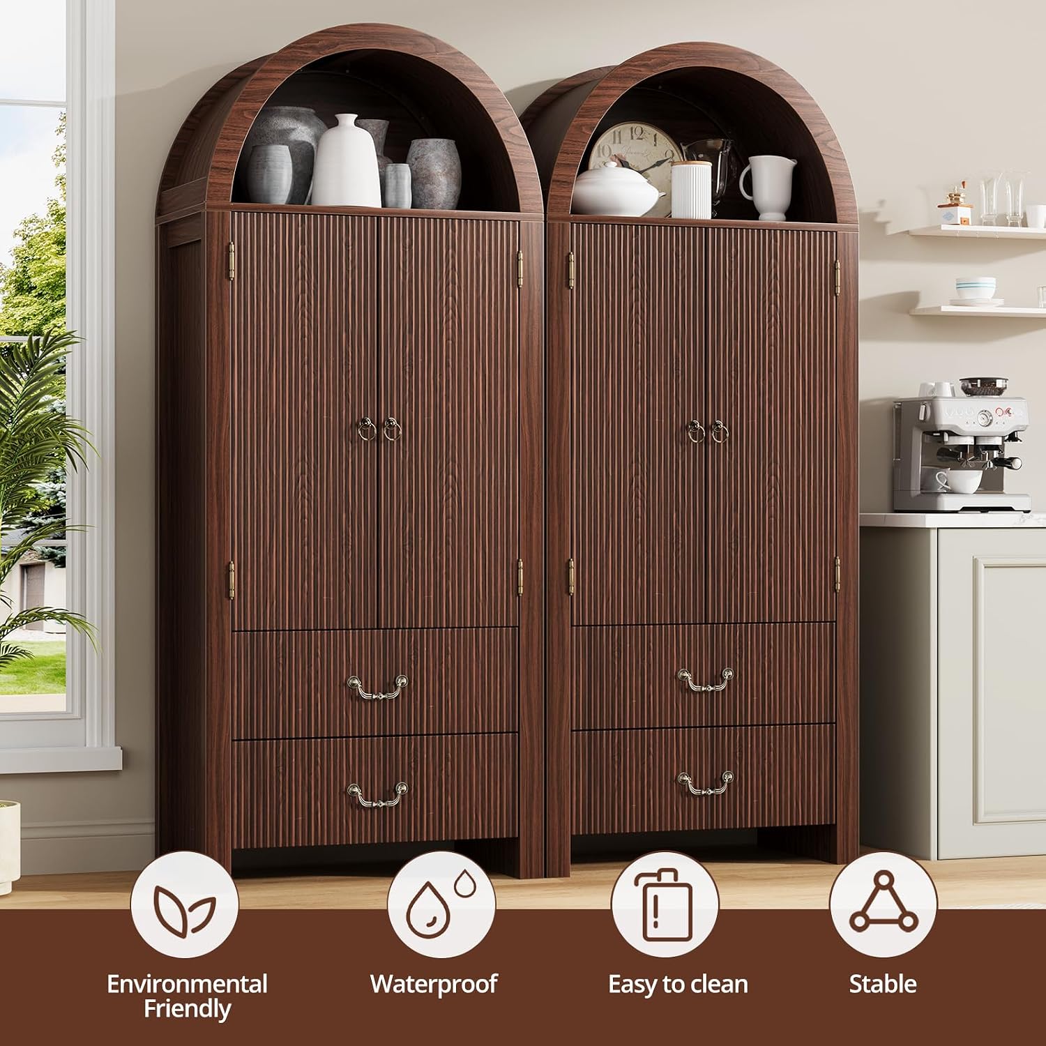 FURSUN 71' Tall Fluted Arched Bookshelf with Doors, Wood Pantry Storage Cabinet with 2 Large Drawers, Modern Versatile Bookcase for Living Room, Kitchen, Dining, Dark Walnut