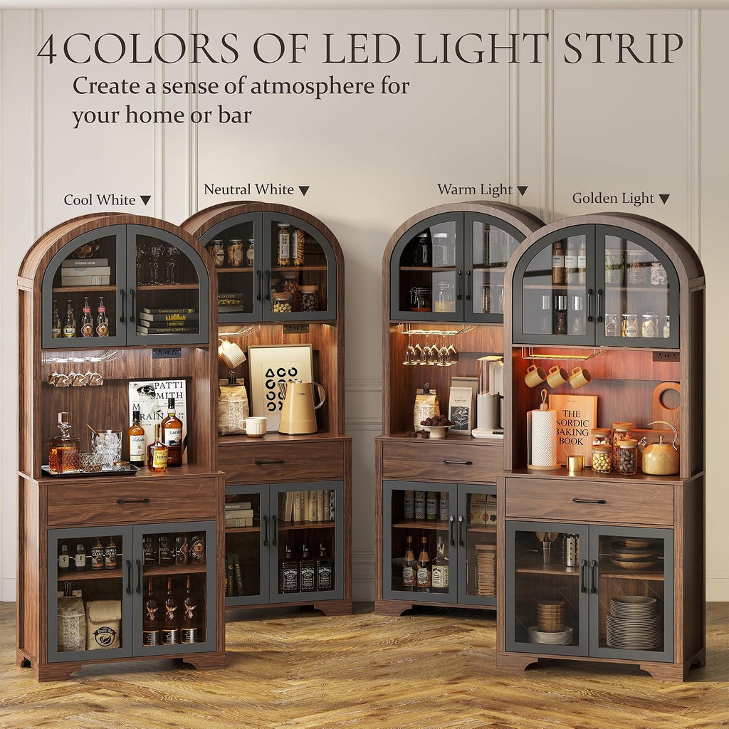 75' Tall Arched Pantry Cabinet with Charging Station & LED Light, Kitchen Pantry Cabinet with Microwave Stand, Drawers and Adjustable Shelf, Coffee Bar Liquor Cabinet for Dining Room