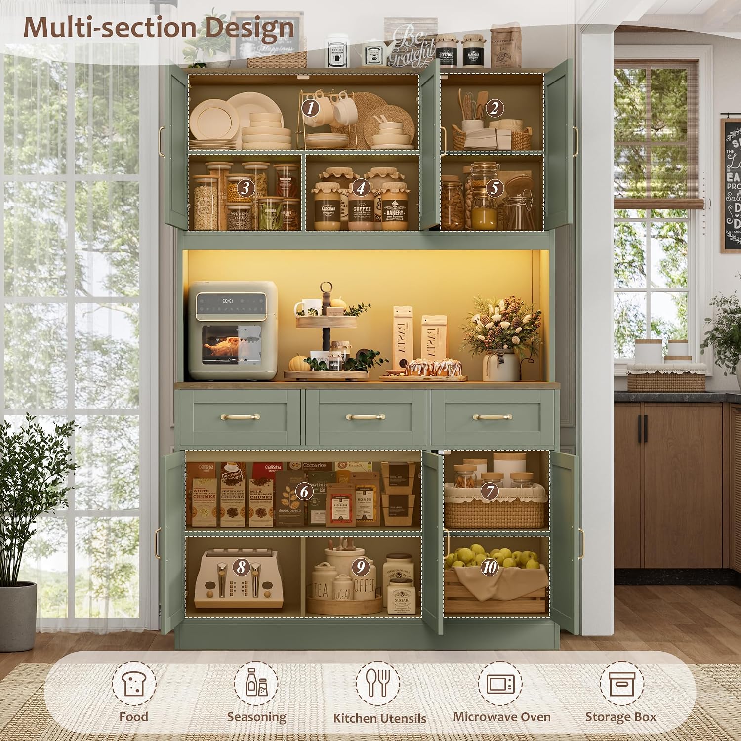 HOSTACK 72' Tall Kitchen Pantry Cabinet with Charing Station | LED Lights, 47' W Kitchen Pantry Storage Cabinet with Countertop, Modern Kitchens Hutch Cabinets with Storage for Dining Room, Green