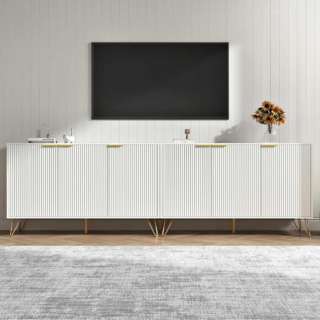 Buffet Cabinet with Storage Set of 2, Storage Cabinet with 3 Doors, Sideboard Coffee Bar Cabinets with Metal Legs and Adjustable Shelf for Kitchen, Dining Room, Living Room, White