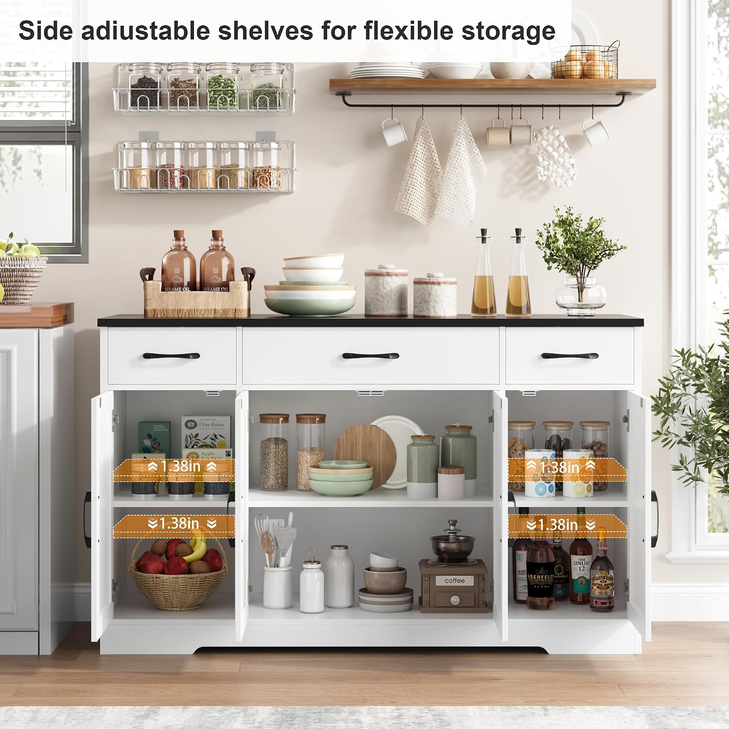 HOSTACK Buffet Sideboard Cabinet with Drawers, 55' Large Buffet Storage Cabinet with Shelves and Doors, Modern Farmhouse Coffee Bar Station Wood Kitchen Table for Kitchen, Dining Room, White/Black