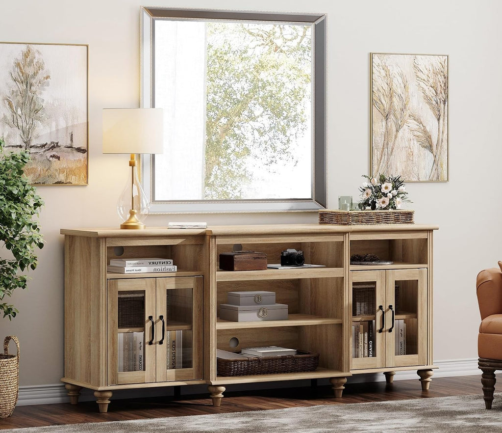 WAMAPT Buffet Cabinet with 4 Glass Doors, Large Coffee Bar Tables Wood Kitchen Storage Cabinets with 9 Storages, Modern Farmhouse Sideboard Credenza, Oak, 70 inch