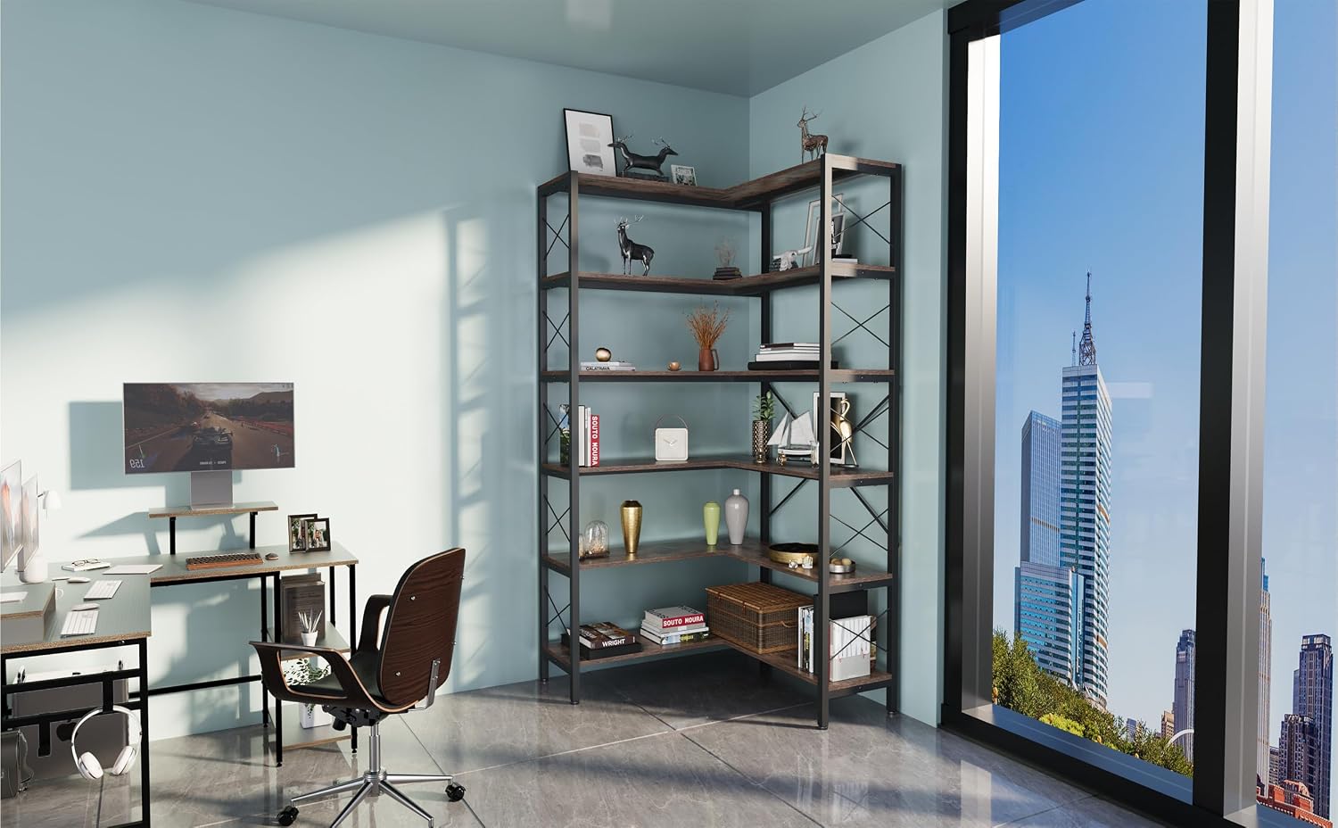 Corner Bookshelf 6-Tier, Tall Book Shelf L-Shaped, Large Etagere Bookcase Industrial Style with Metal Frame for Home Office Shelves