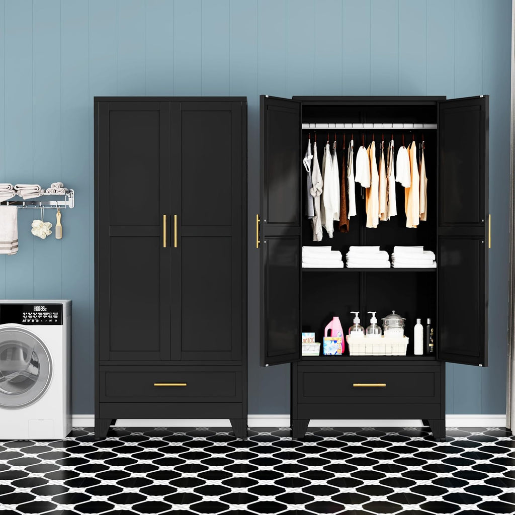 GAIOUS Steel Armoire Wardrobe Closet, 71' Household Wardrobe Cabinet with 2 Doors, 1 Adjustable Shelf and 1 Drawers, Metal Clothing Storage Cabinet with Hanging Rod for Bedroom, Cloak Room,Gym(Black)