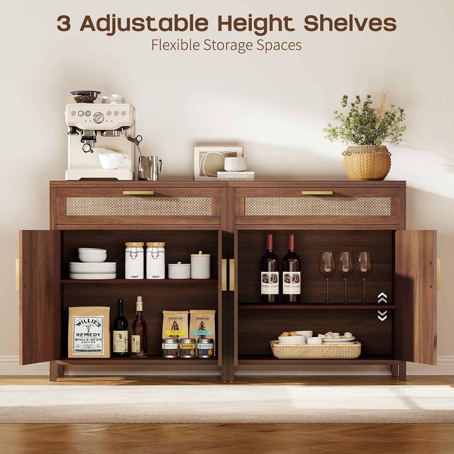 Rattan Buffet Cabinet with Storage, Sideboard Cabinet with Doors and Shelves, Accent Coffee Bar with Drawers, Farmhouse Kitchen Storage Cabinets, credenza for Entryway, Living Room Walnut