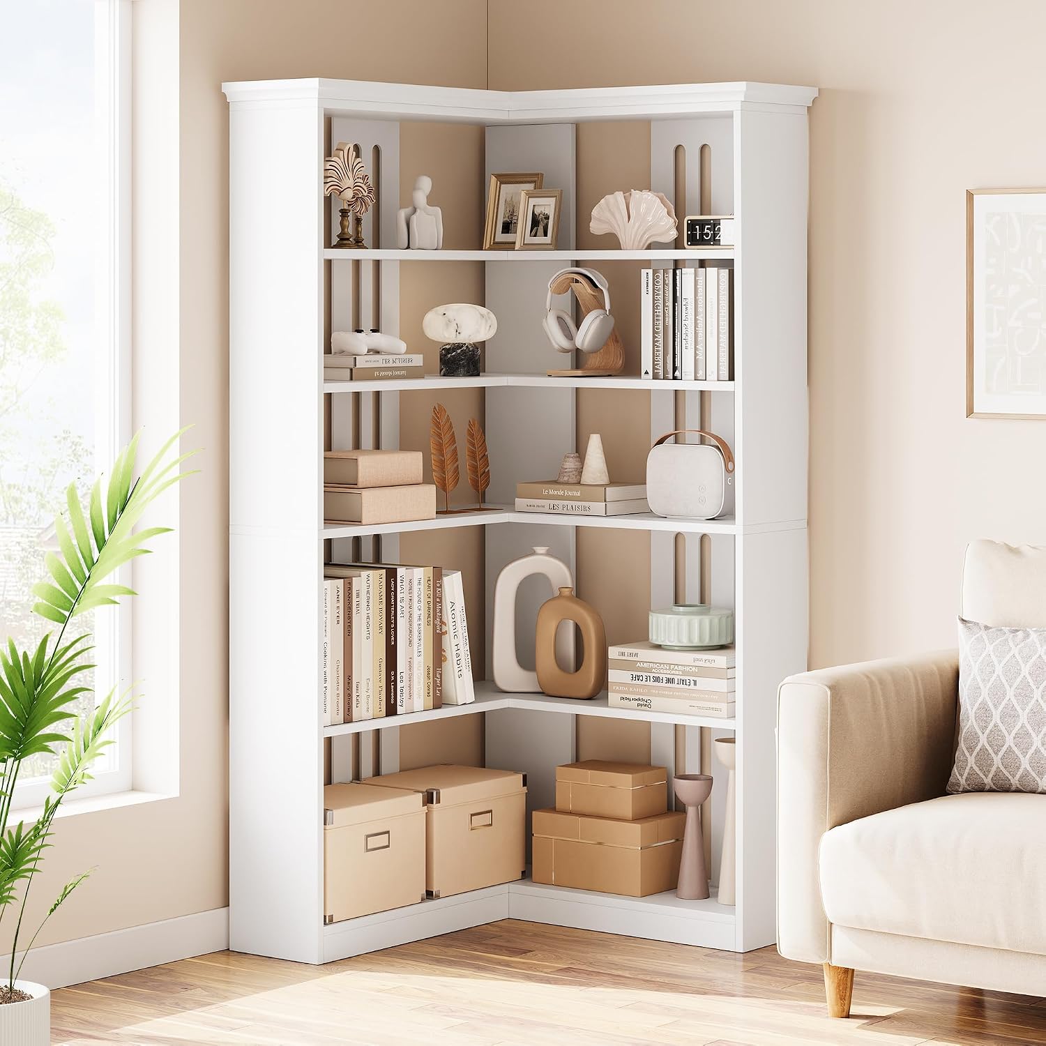 IDEALHOUSE Corner Bookshelf 72.8in Farmhouse Bookcase Large Bookshelves Wood Bookcase Tall 5 Tier Corner Shelf L Shaped Bookshelf Storage Display Rack Living Room Bedroom (White, Half Panel)