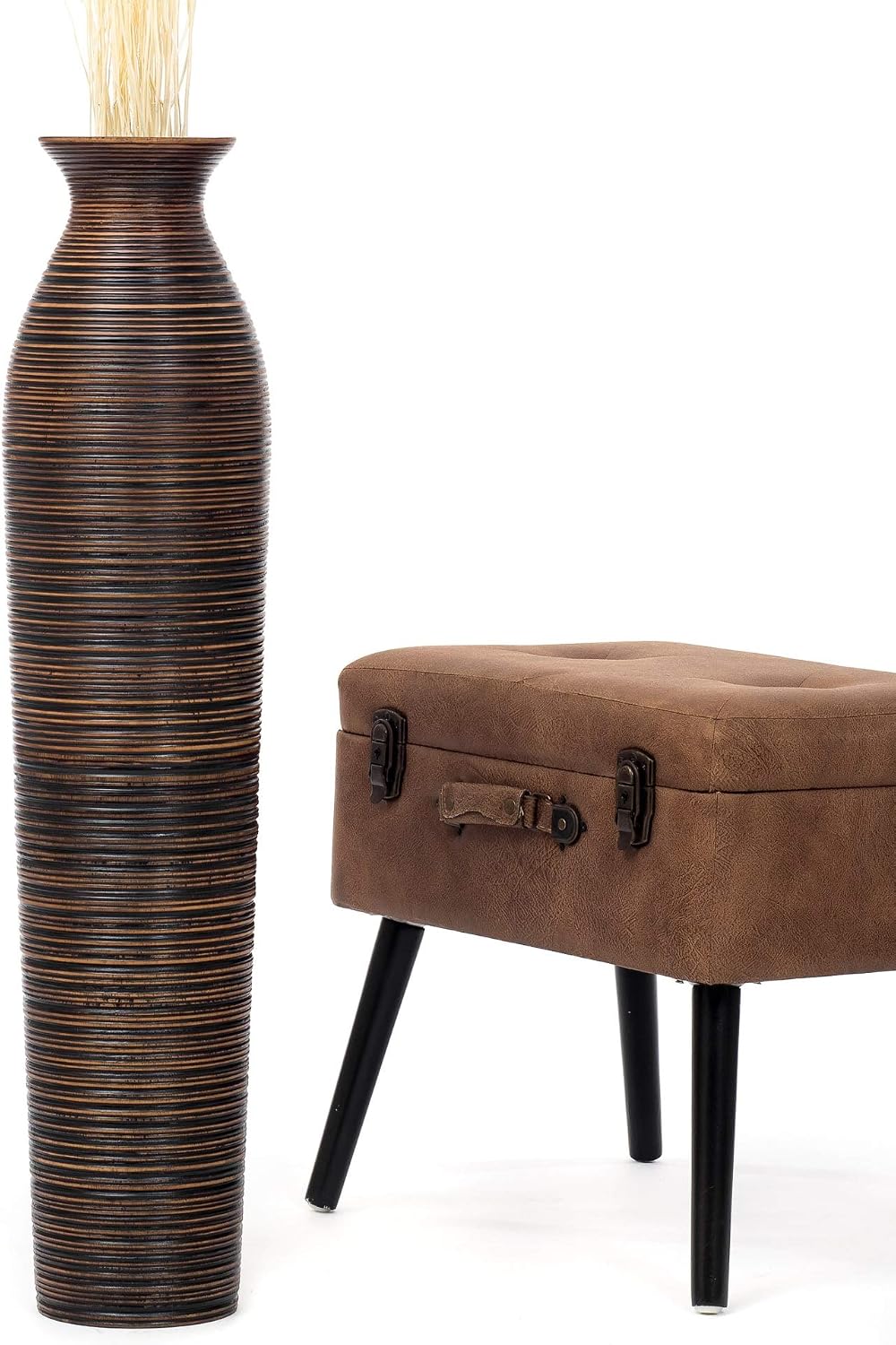 Leewadee Large Brown Home Decor Floor Vase - Wooden 34 inch Tall Farmhouse Decor Flower Holder for Fake Plant and Pampas Grass