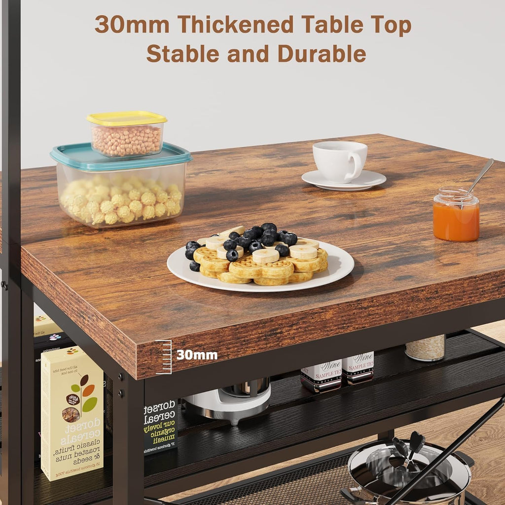CABIHOME 42' Kitchen Island with Storage & Seating - 3-Tier Bakers Rack, Microwave Stand, Dining Table for 4, 5 Hooks & 50lb Capacity, Multi-Functional Island for Small Kitchens (Brown)