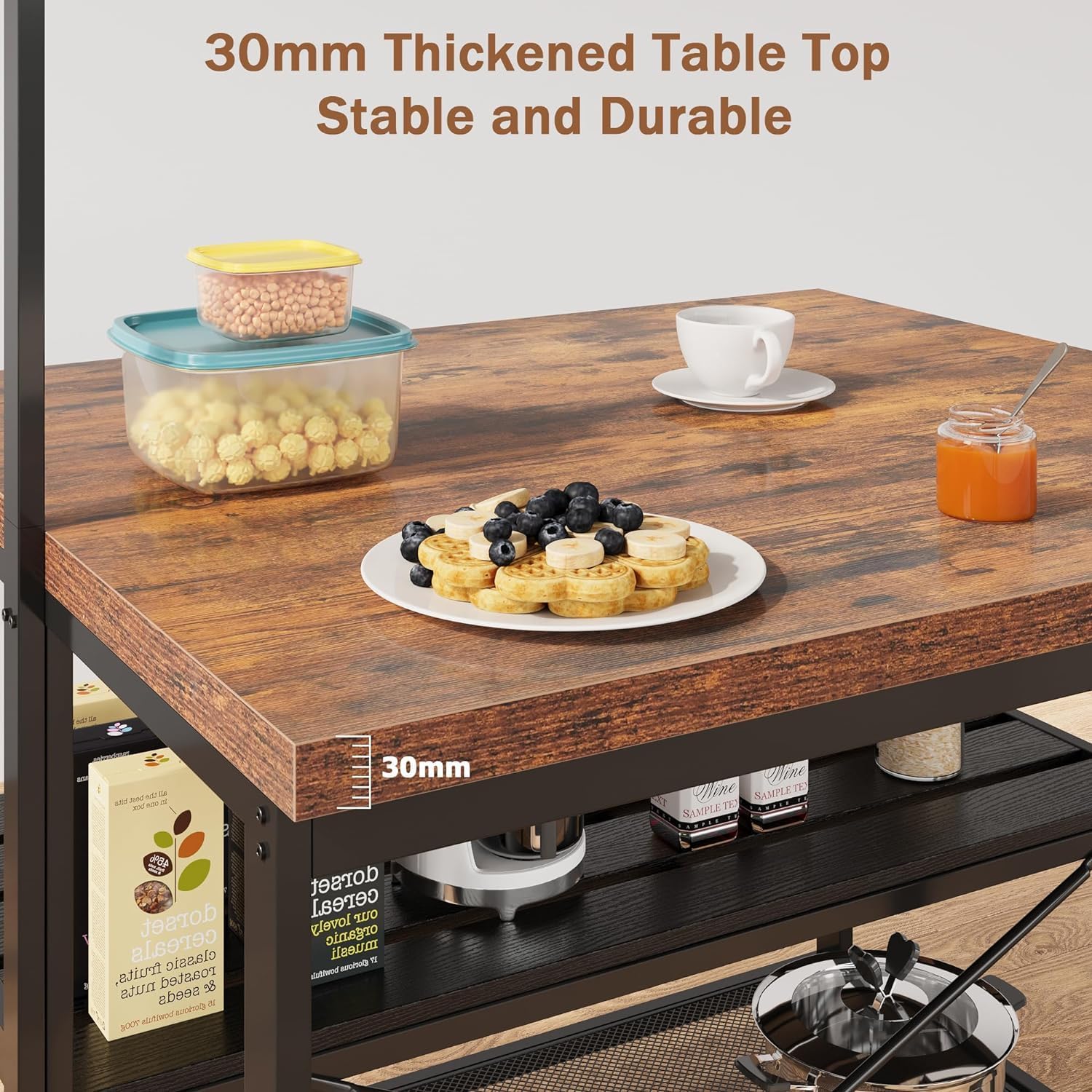 CABIHOME 42' Kitchen Island with Storage & Seating - 3-Tier Bakers Rack, Microwave Stand, Dining Table for 4, 5 Hooks & 50lb Capacity, Multi-Functional Island for Small Kitchens (Brown)